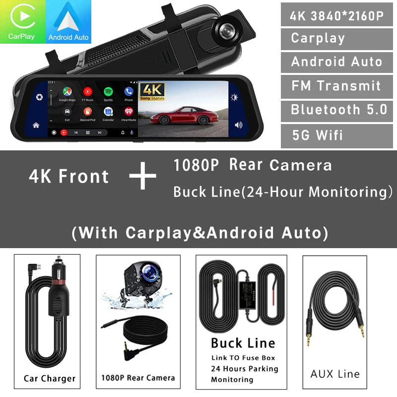 Mirror Dash Cam 12-inch 4K, Night Vision, CarPlay & Android Auto
