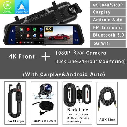Mirror Dash Cam 12-inch 4K, Night Vision, CarPlay & Android Auto