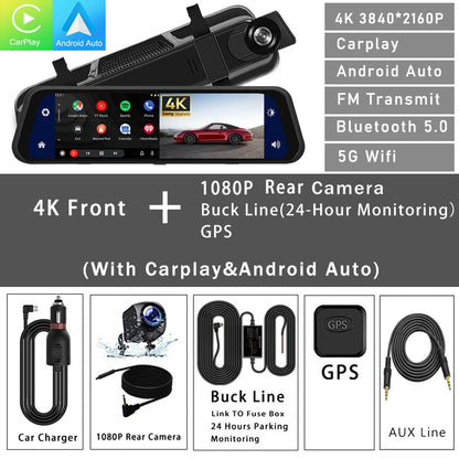 Mirror Dash Cam 12-inch 4K, Night Vision, CarPlay & Android Auto