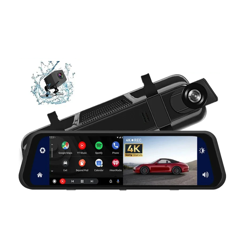 Mirror Dash Cam 12-inch 4K, Night Vision, CarPlay & Android Auto