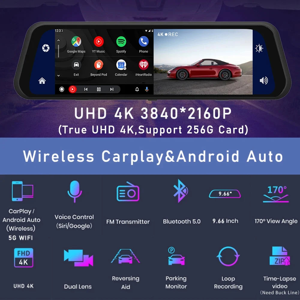 Mirror Dash Cam 12-inch 4K, Night Vision, CarPlay & Android Auto