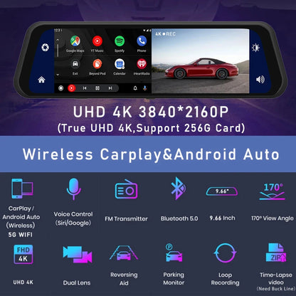 Mirror Dash Cam 12-inch 4K, Night Vision, CarPlay & Android Auto