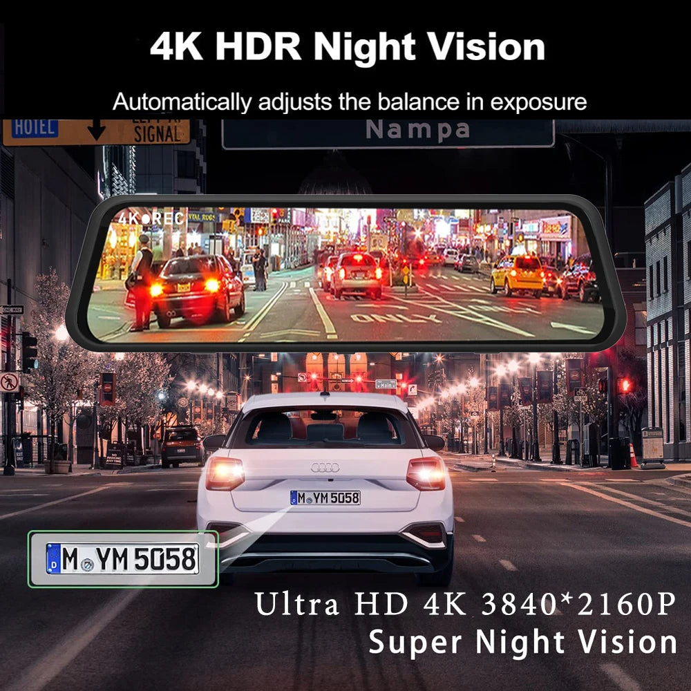Mirror Dash Cam 12-inch 4K, Night Vision, CarPlay & Android Auto