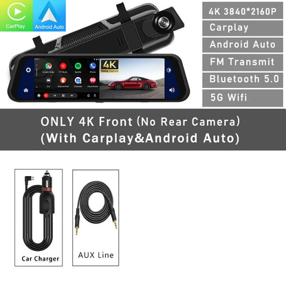 Mirror Dash Cam 12-inch 4K, Night Vision, CarPlay & Android Auto