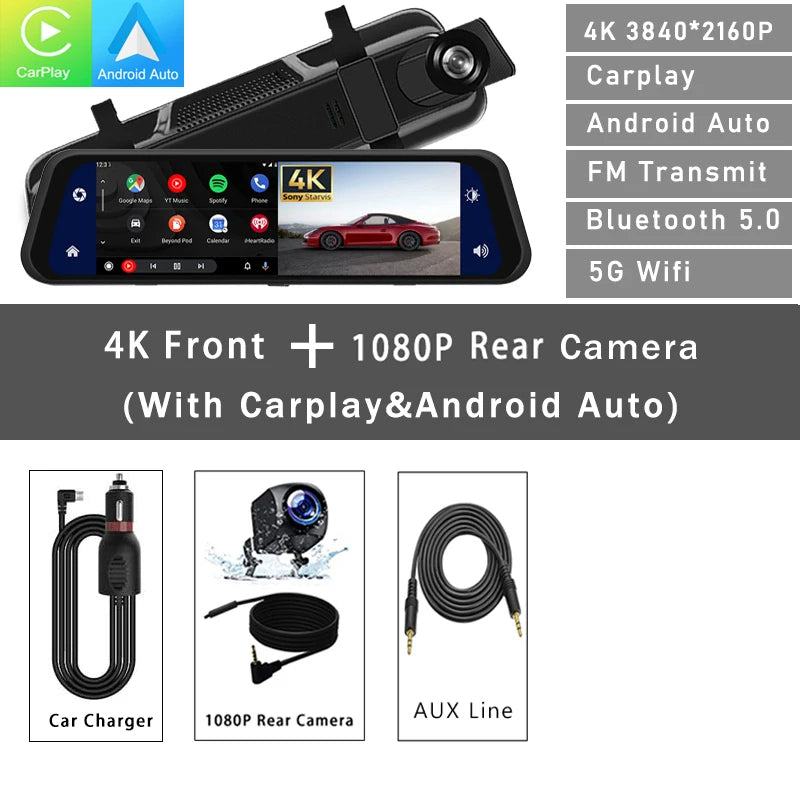 Mirror Dash Cam 12-inch 4K, Night Vision, CarPlay & Android Auto