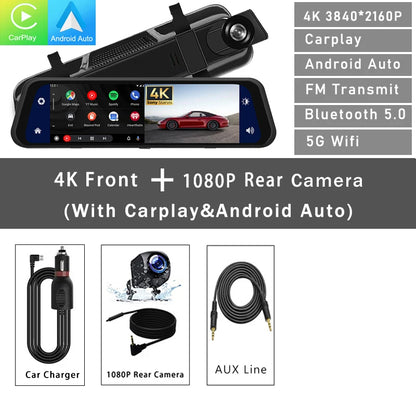 Mirror Dash Cam 12-inch 4K, Night Vision, CarPlay & Android Auto
