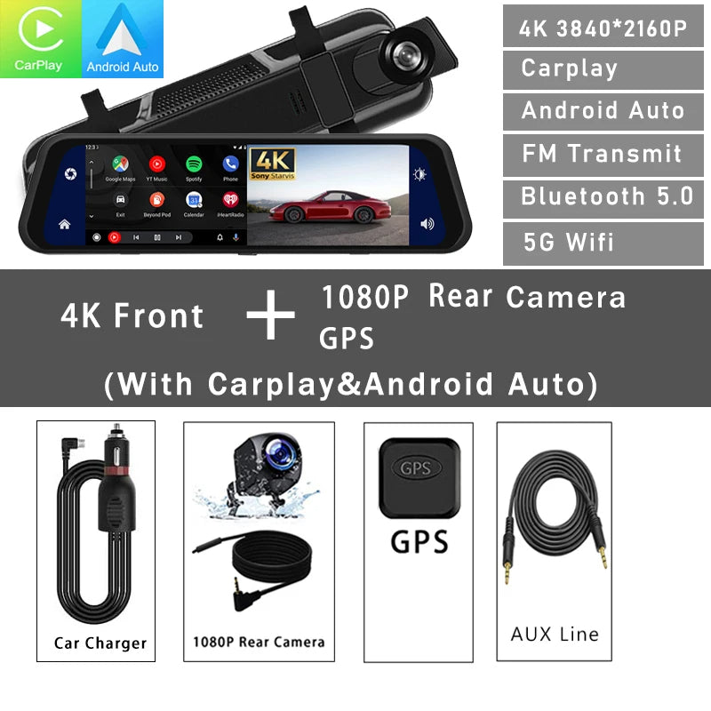 Mirror Dash Cam 12-inch 4K, Night Vision, CarPlay & Android Auto