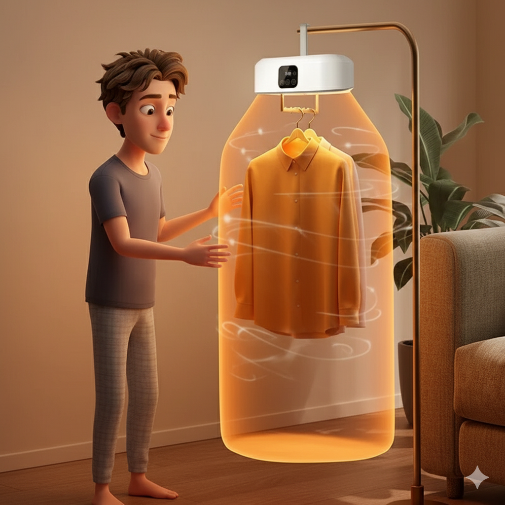 A boy waiting for his clothes getting dried