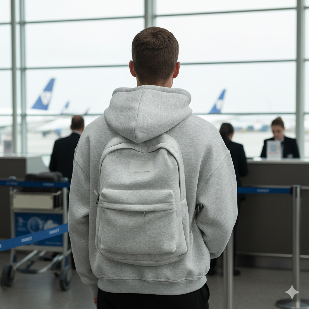 a person waiting at the airport wearing backup hoodie