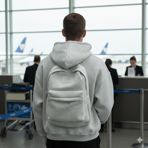 a person waiting at the airport wearing backup hoodie