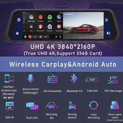Mirror Dash Cam 12-inch 4K, Night Vision, CarPlay & Android Auto